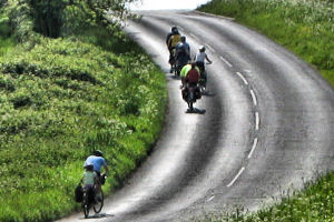 Tandems on first of many hills to Brimham Rocks